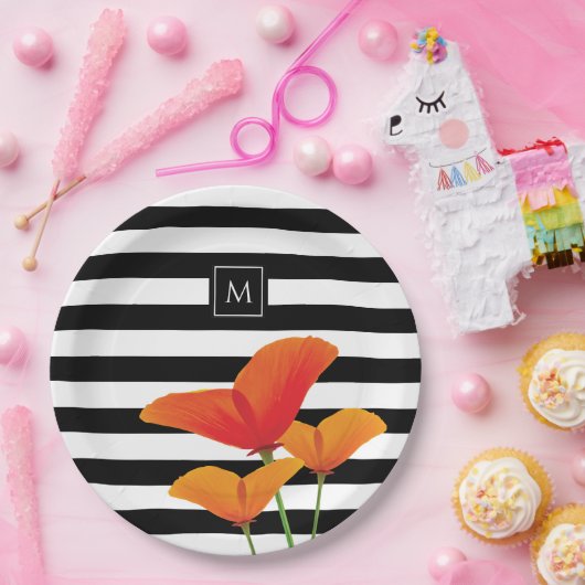 ポピーシック黒いズストライプモノグラム ペーパープレート (パーティー)