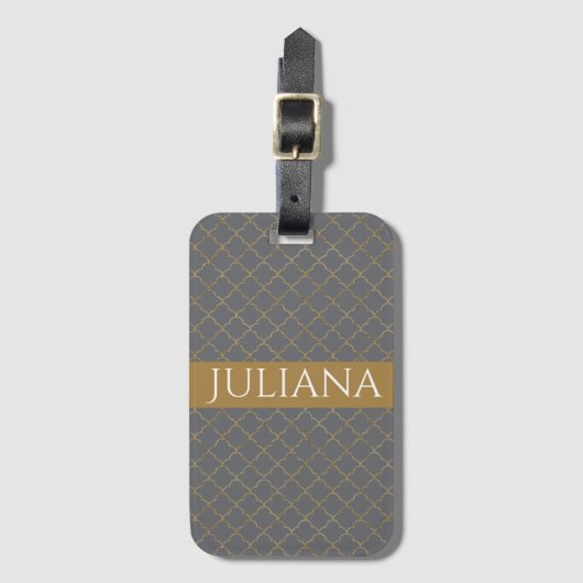 ポピーシードグレーと金ゴールドクローバー パーソナライズされた ラゲッジタグ (正面縦)