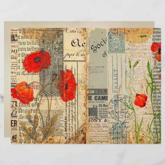 ポピーススクラップブック紙ヴィンテージシャビーシッククラフト (正面/裏面)