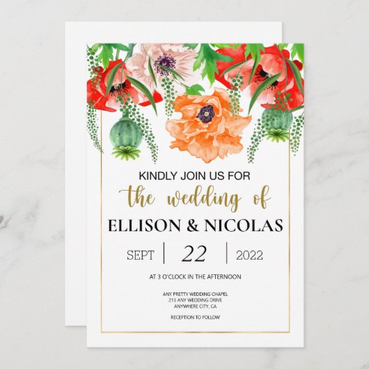 ポピーズウォーターカラー結婚式招待状 (正面/裏面)