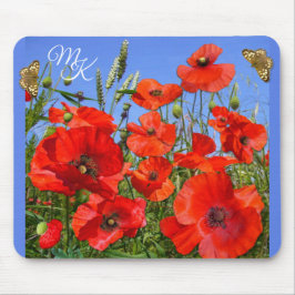 ポピーパーソナライズされたフィールドと蝶モノグラム マウスパッド
