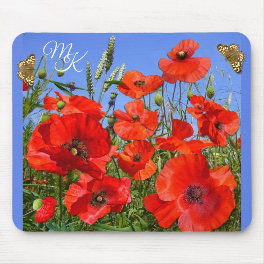 ポピーパーソナライズされたフィールドと蝶モノグラム マウスパッド (正面)