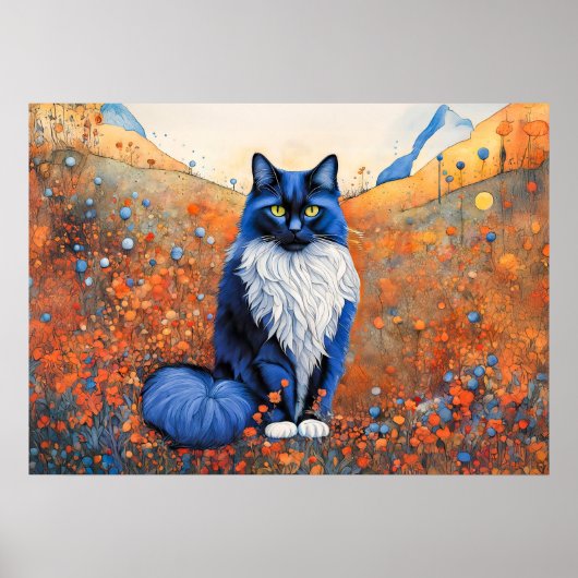 ポピーフィールドの水彩黒猫 ポスター (正面)