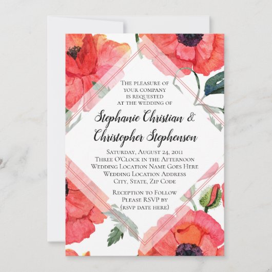 ポピーフラワーウォーターカラーレッドフローラエレガントな結婚式 招待状 (正面)