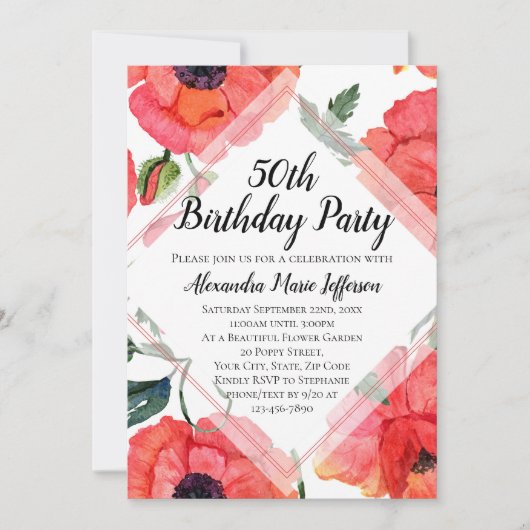 ポピーフラワーウォーター色女性50th誕生日パーティー 招待状 (正面)