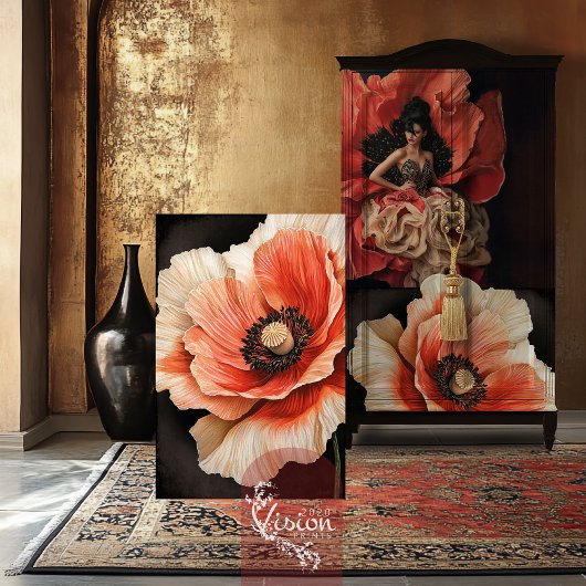 ポピーフラワーマクロ閉じる赤いサンゴと黒 薄葉紙