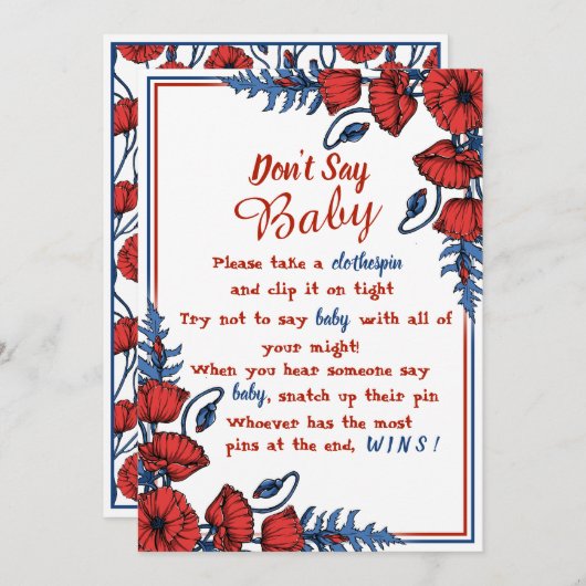 ポピーフローラ赤ちゃんシャワー言わないベビー標識 招待状 (正面/裏面)