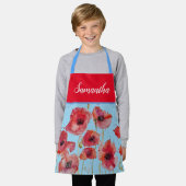 ポピーポピー赤い水色キッズガールズフローラ エプロン (着用した状態)