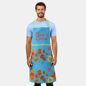 ポピーポピー赤い水色メンズブルーフローラ エプロン (着用した状態)