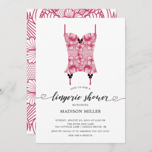 ポピーレッドレースコルセットブライダルランジェリーシャワー 招待状 (正面/裏面)