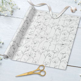 ポピーワイルドフラワーブラック&ホワイトミニマリストフローラ ラッピングペーパー