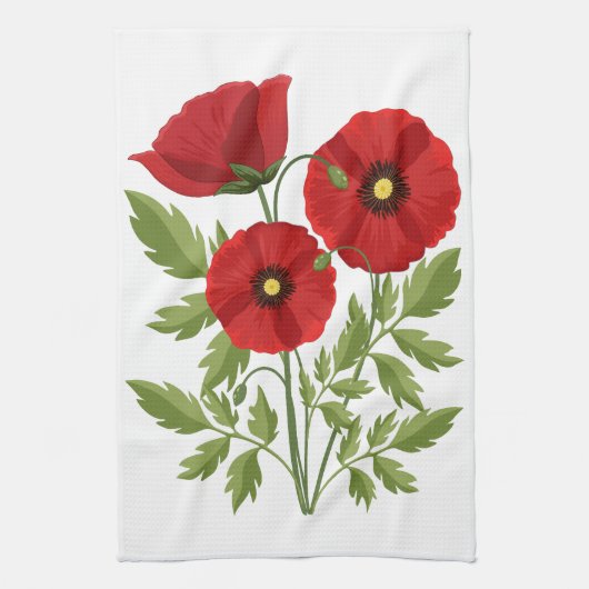 ポピー咲く楽しい夏の花 キッチンタオル (縦)