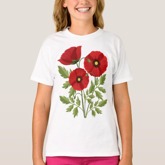 ポピー咲く楽しい夏の花 Tシャツ (正面)