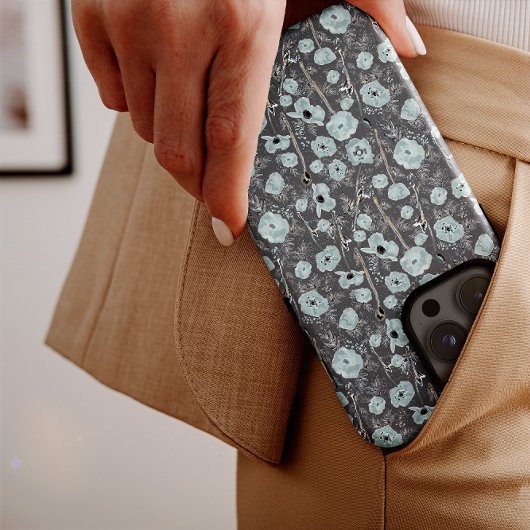 ポピー灰色ブルーブラックウォーター色の花iPhone iPhoneケース