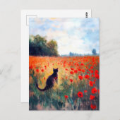 ポピー畑に描かれた印象派の猫の油絵 ポストカード (正面/裏面)