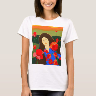 ポピー畑の長い髪の女性の歩く女性の Tシャツ