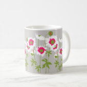 ポピー白、ピンクとグレーのグラフィックアートフローラマグカップ コーヒーマグカップ (正面右)