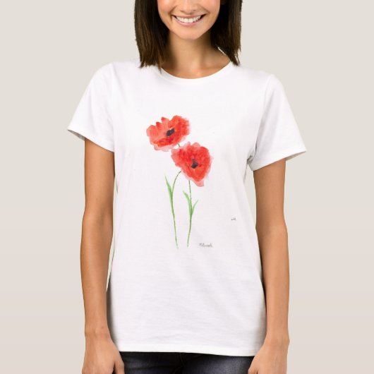 ポピー素朴な赤いケシの水色Tシャツ Tシャツ (正面)