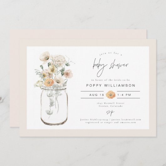 ポピー素朴ワイルドフラワーメイソン瓶ベイビーシャワー 招待状 (正面/裏面)