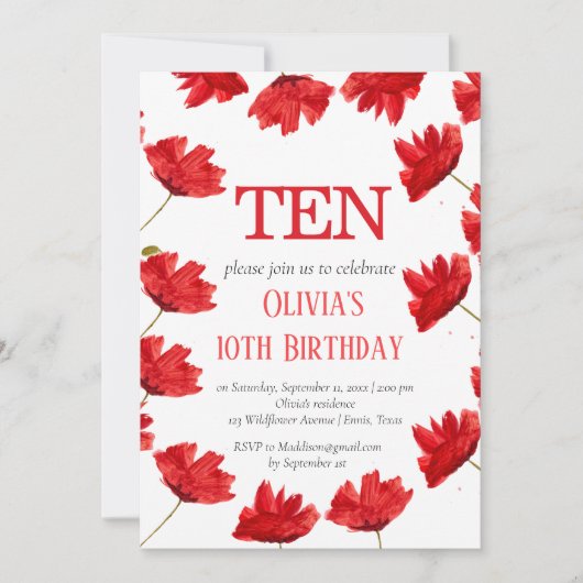 ポピー素朴10誕生日ワイルドフラワーレッドフローラ 招待状 (正面)