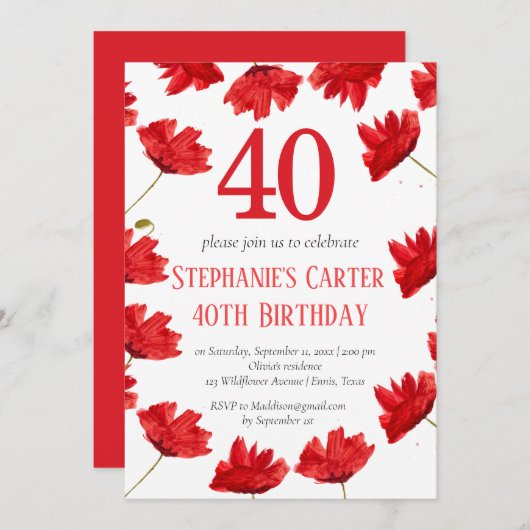 ポピー素朴40th誕生日ワイルドフラワーレッドフローラ 招待状 (正面/裏面)