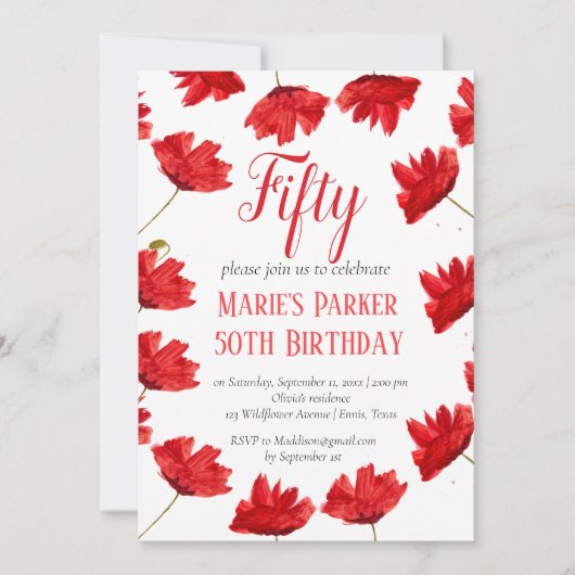 ポピー素朴50誕生日ワイルドフラワーレッドフローラ 招待状 (正面)