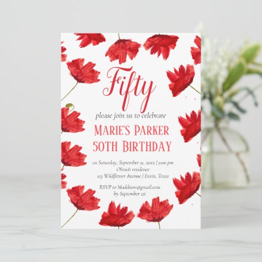 ポピー素朴50誕生日ワイルドフラワーレッドフローラ 招待状 (スタンド正面)