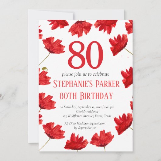 ポピー素朴80誕生日ワイルドフラワーレッドフローラ 招待状 (正面)