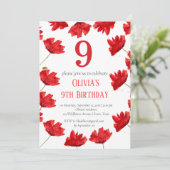 ポピー素朴9誕生日ワイルドフラワーレッドフローラ 招待状 (スタンド正面)