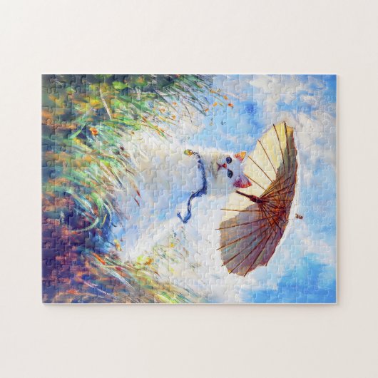 ポピー絵を描フィールドにパラソルを持つ白猫 ジグソーパズル (横)