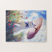 ポピー絵を描フィールドにパラソルを持つ白猫 ジグソーパズル (横)