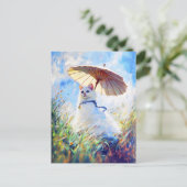 ポピー絵を描フィールドにパラソルを持つ白猫 ポストカード (スタンド正面)