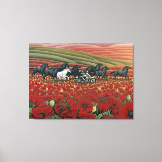ポピー絵画フィールドズワイルドホース&バイクもしくは自転車に乗る人プリント キャンバスプリント (正面)