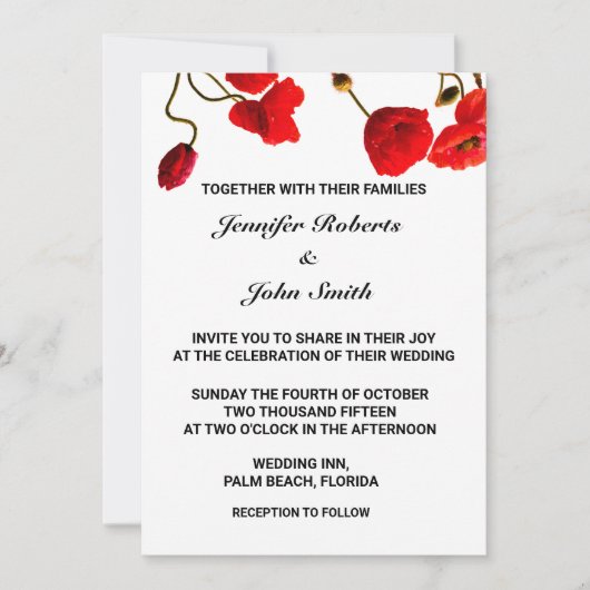ポピー花フローラ赤クール白結婚トレンディー 招待状 (正面)