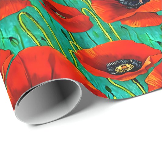ポピー花柄の赤い緑の記念日 ラッピングペーパー (ロールコーナー)