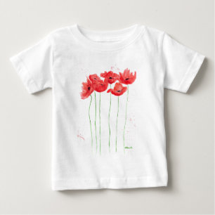 ポピー赤い花水彩ワイルドフラワー ベビーTシャツ