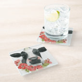 ポピー農場 – 花と牛 ガラスコースター (アングル)