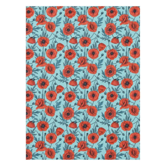 ポピー類、赤と青がプールブルー テーブルクロス (正面)