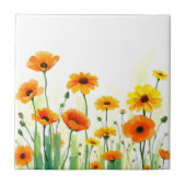 ポピー鮮やかズヒマワリと牧草地の水彩 タイル (正面)