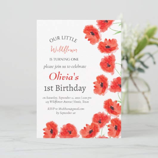ポピー1st最初の誕生日ガールレッドフローラ 招待状 (スタンド正面)