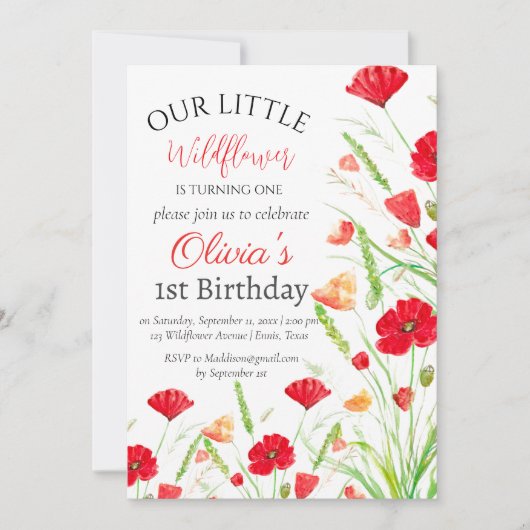 ポピー1st最初の誕生日ガールレッドフローラ 招待状 (正面)