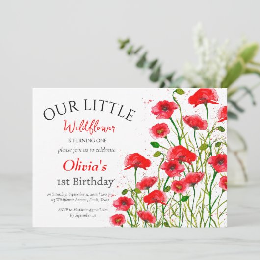ポピー1st最初の誕生日ガールレッドフローラ 招待状 (スタンド正面)