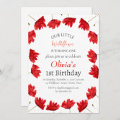 ポピー1st最初の誕生日ガールレッドフローラ 招待状 (正面/裏面)
