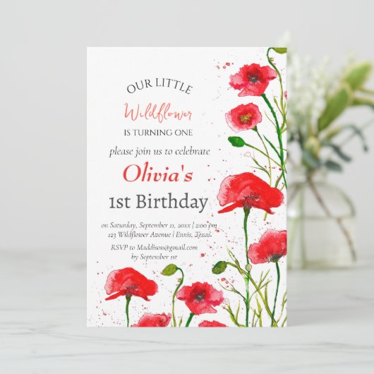 ポピー1st最初の誕生日ガールレッドフローラ 招待状 (スタンド正面)