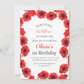 ポピー1st最初の誕生日ガールレッドフローラ 招待状 (正面)