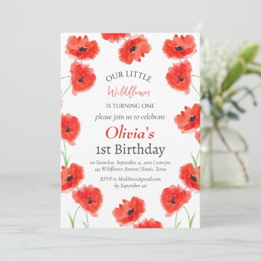ポピー1st最初の誕生日ガールレッドフローラ 招待状 (スタンド正面)