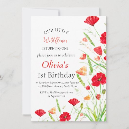 ポピー1st最初の誕生日ガールレッドフローラ 招待状 (正面)