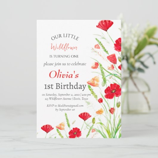 ポピー1st最初の誕生日ガールレッドフローラ 招待状 (スタンド正面)