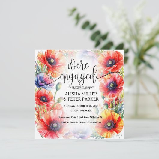 ポピー・ウォーターカラー・エンゲージメント・パーティー招待状 セーブザデート (スタンド正面)