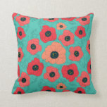 ポピー・スピン・コーラル・オン・ティール(緑がかった色) クッション<br><div class="desc">背景に温かいケシの明るいダンスクールで、ブルーベルの輪郭が描かれている。このパターンはおもしろいとカラフルを持ち、アクセント枕素晴らしを作る。Poppy Spinは私のPoppies & Bluebelsコレクションの一部で、湖では赤、海では珊瑚、緑では桃、灰色では桃の3つの配色で利用できる。</div>